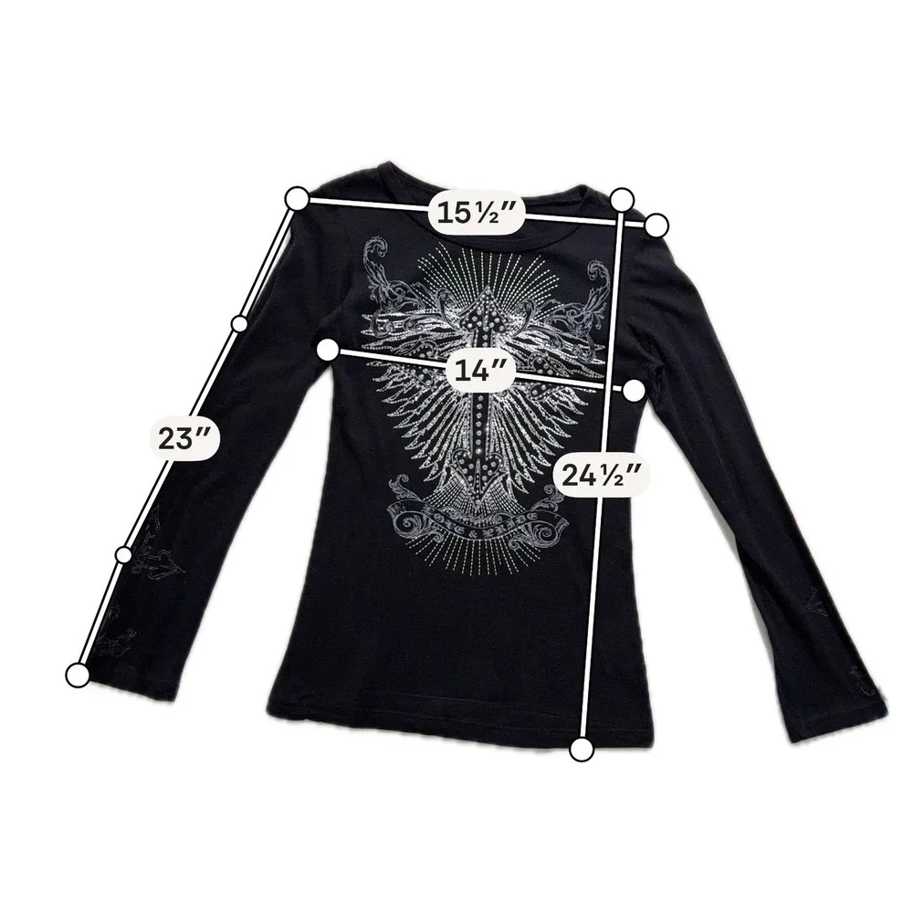Vocal Black Rhinestone Cross Graphic Long Sleeve Top USA Size Small Y2K - Picture 6 of 6